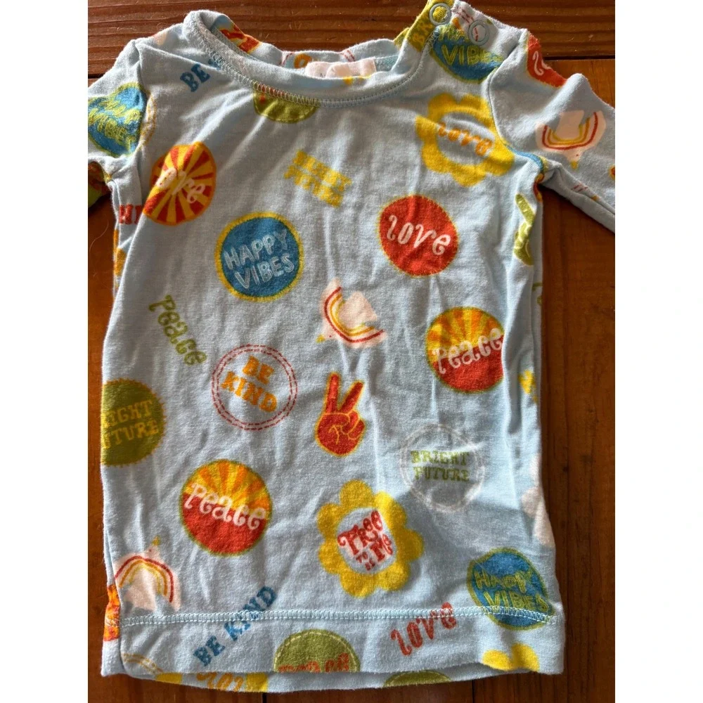 Angel Dear Kids Blue Bamboo Viscose Peace Love Happy Vibes Pajama Set 6-12M